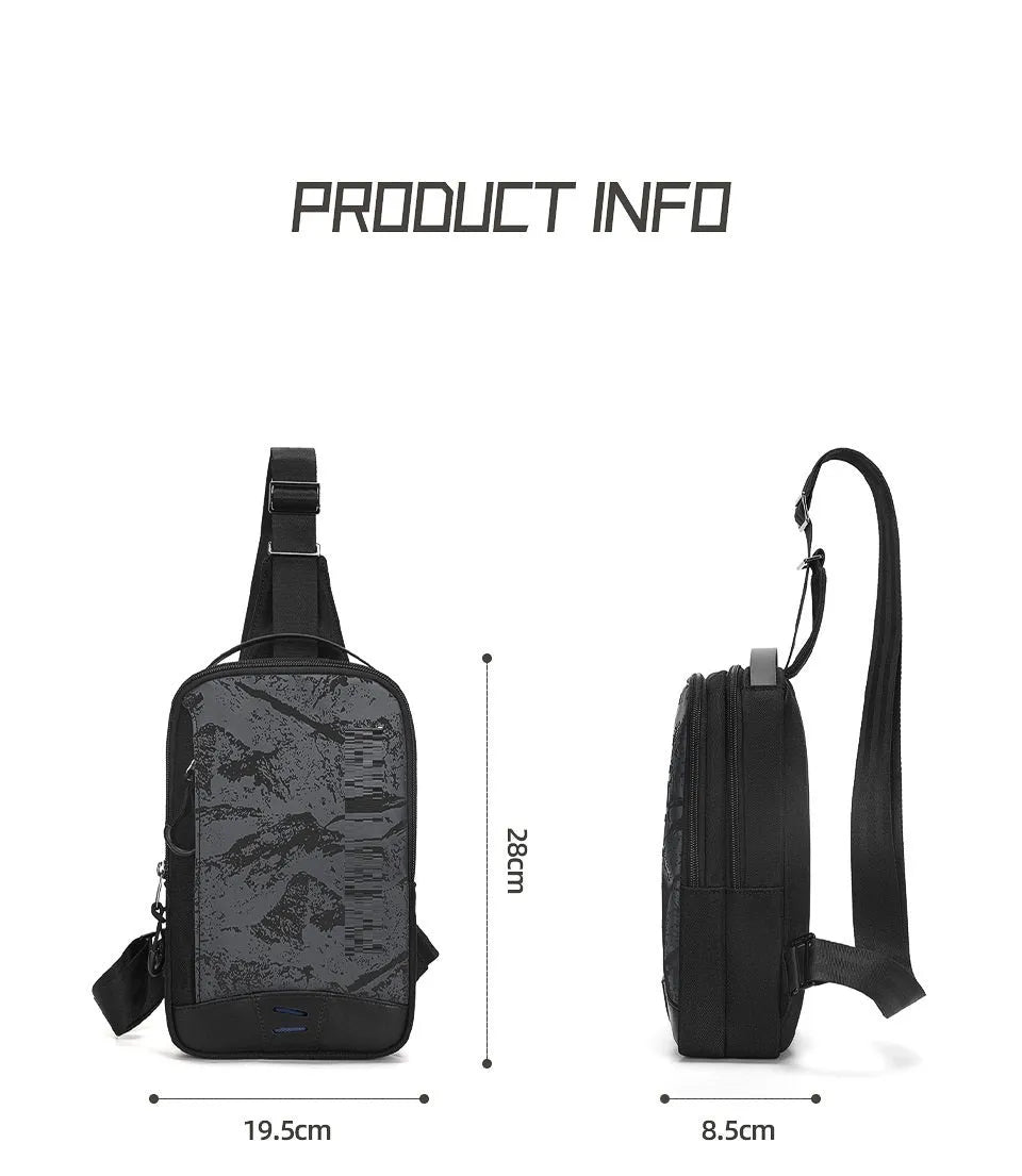 Casual black camouflage pattern chest bag with a shoulder strap, shown in a square vertical shape.