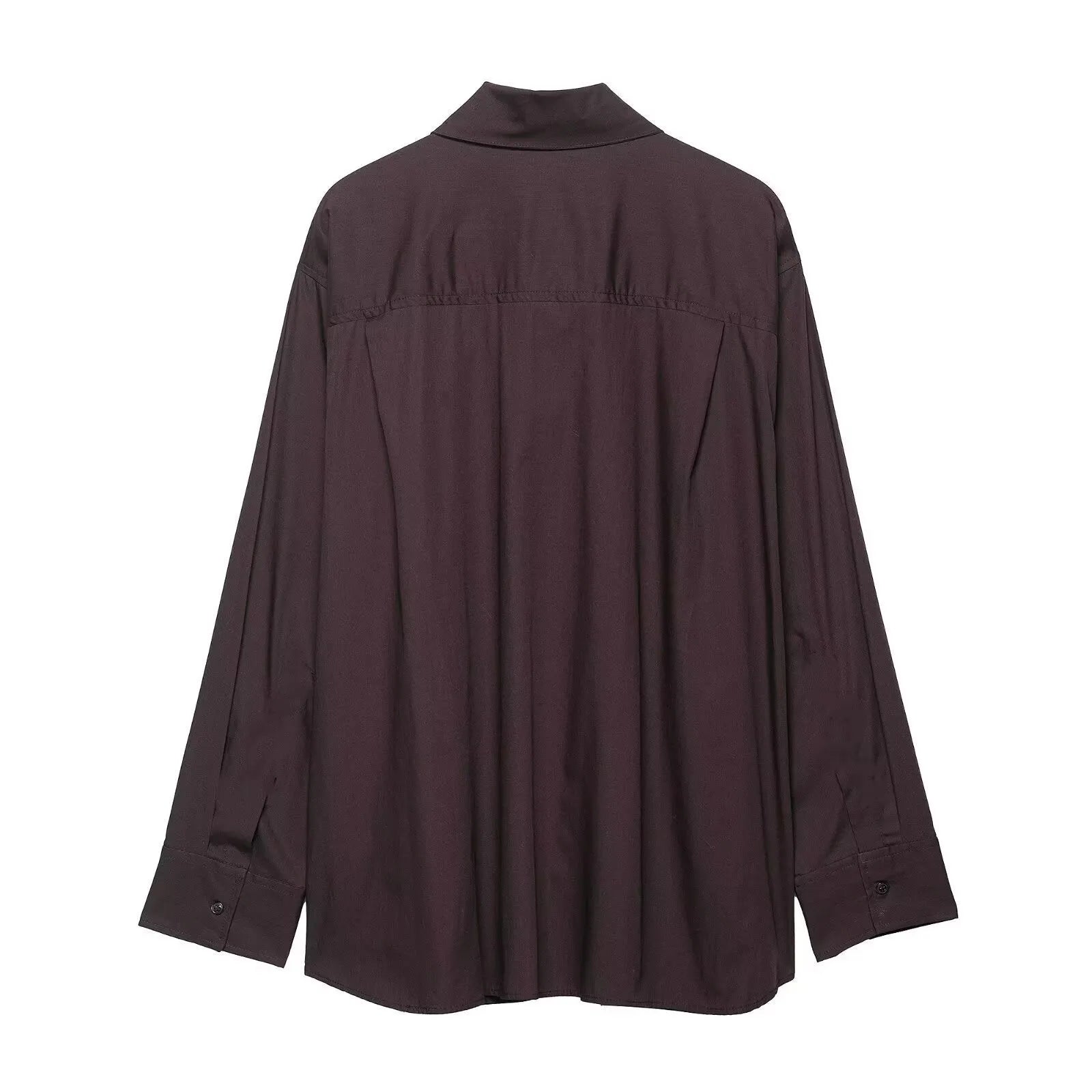Brown women's poplin shirt with integrated bow tie scarf, cardigan style with long sleeves