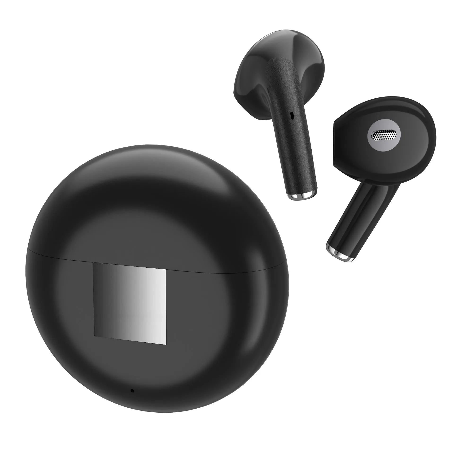 White Wireless Budz5 Bluetooth earbuds placed inside their compact black charging case.