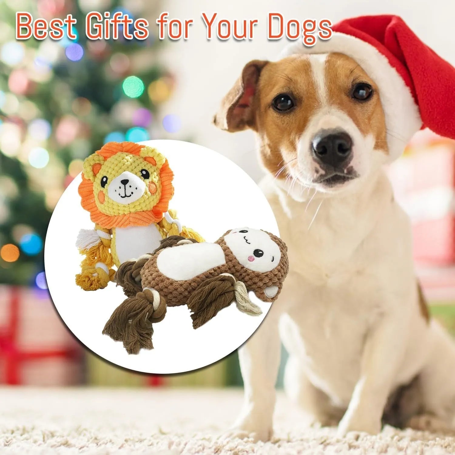 Plush lion and monkey squeaky dog toys side by side on a neutral background.