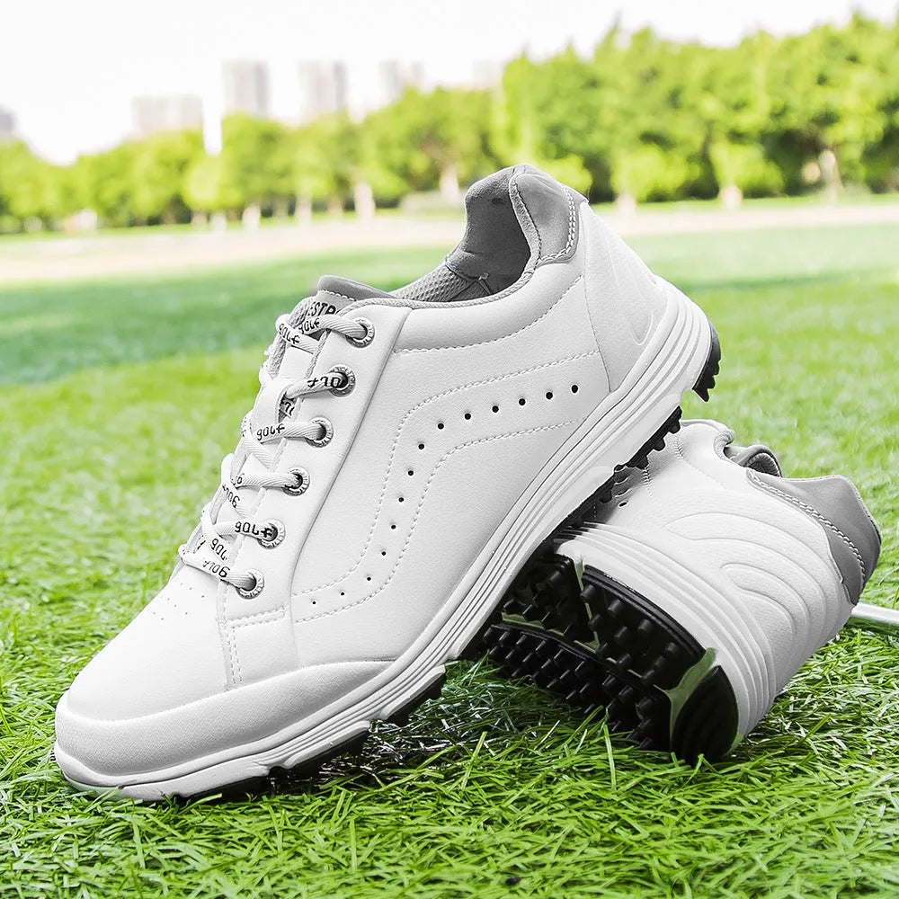 Men's nail-free golf shoes in white, synthetic leather upper, sizes 39 to 48, for golf and hiking