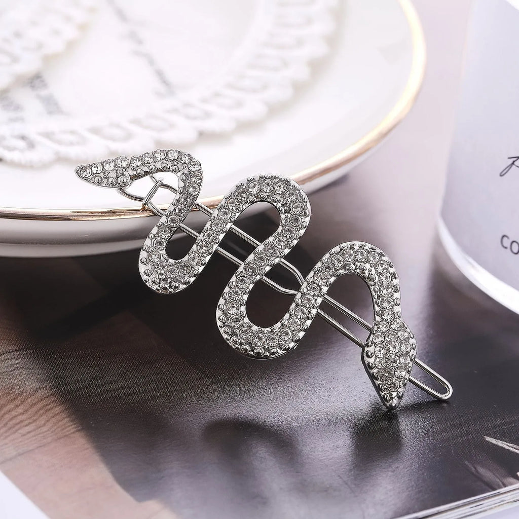 Korean vintage snake design hair barrette with full rhinestone coverage in gold electroplated finish