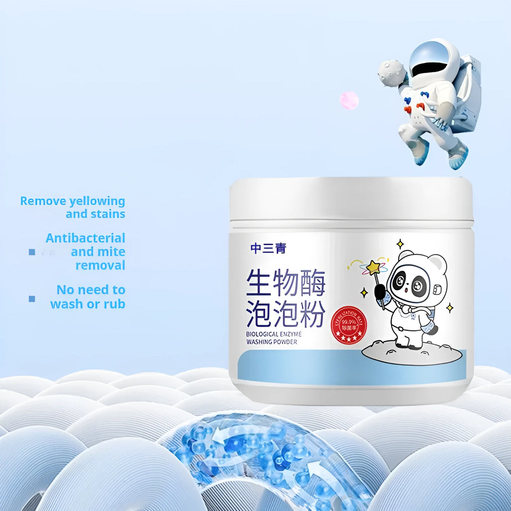 Bottle of biological enzyme bubble powder laundry detergent for down jackets and delicate fabrics.