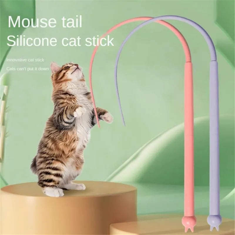 Blue cat teaser wand with silicone mouse tail and cat head design for interactive pet play
