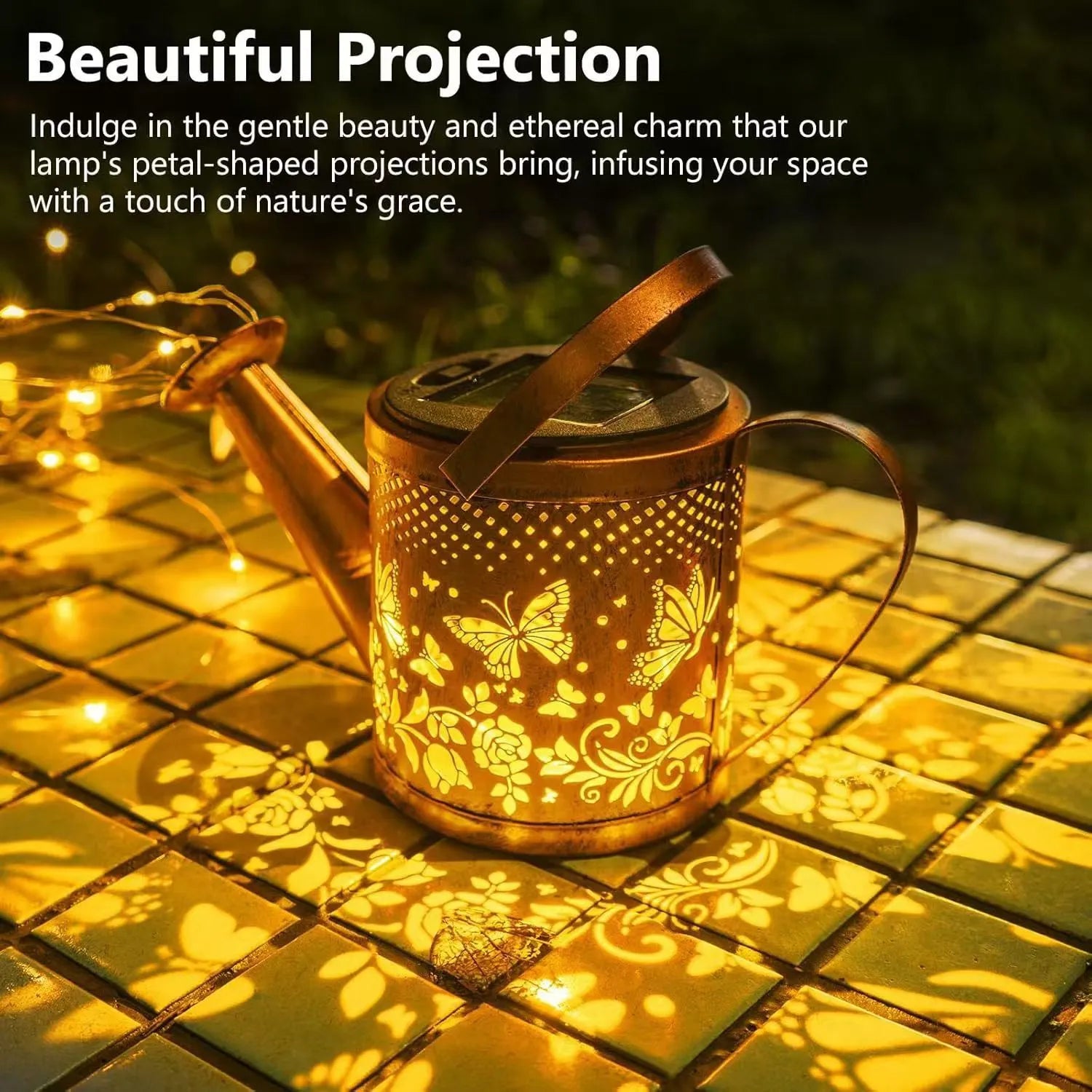 Solar-powered butterfly kettle decorative light with wrought iron construction for outdoor courtyard placement