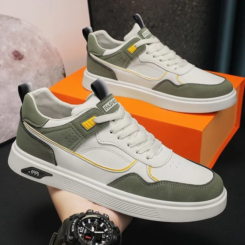 Men's low-top canvas board shoes in black, beige, and grey with mesh lining and leather stitching