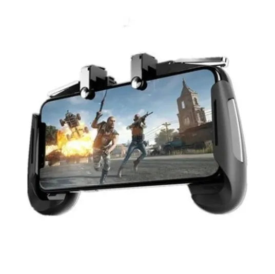Universal mobile game handle in black showing adjustable phone clamp and dual analogue sticks.