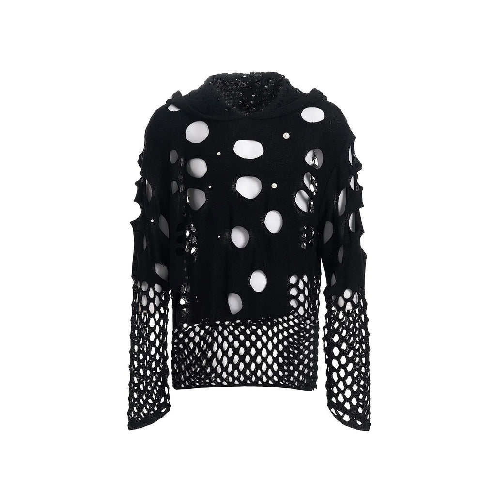 Black men's hoodie with pearl decorative elements and loose thin fabric construction