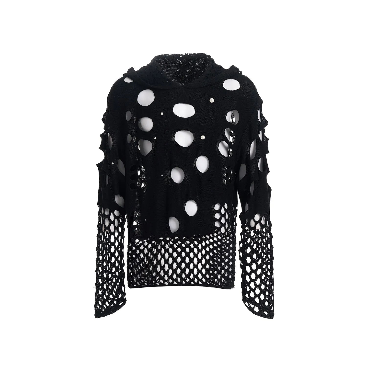 Black men's hoodie with pearl decorative elements and loose thin fabric construction