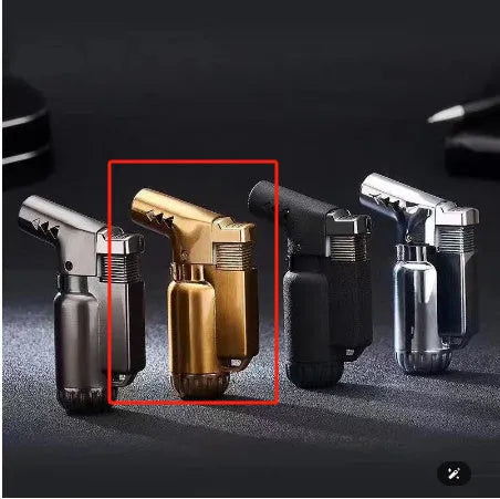 Full metal elbow straight punching windproof lighter in black, gold, grey and silver colours measuring 72x22x22mm