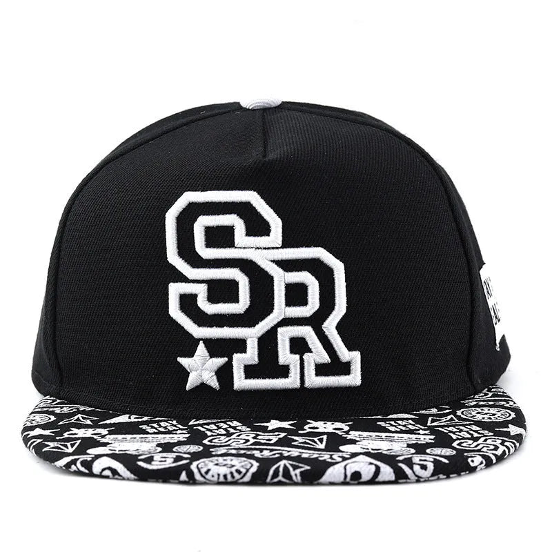 Cotton baseball cap with embroidered letters in black colour showing dome crown shape