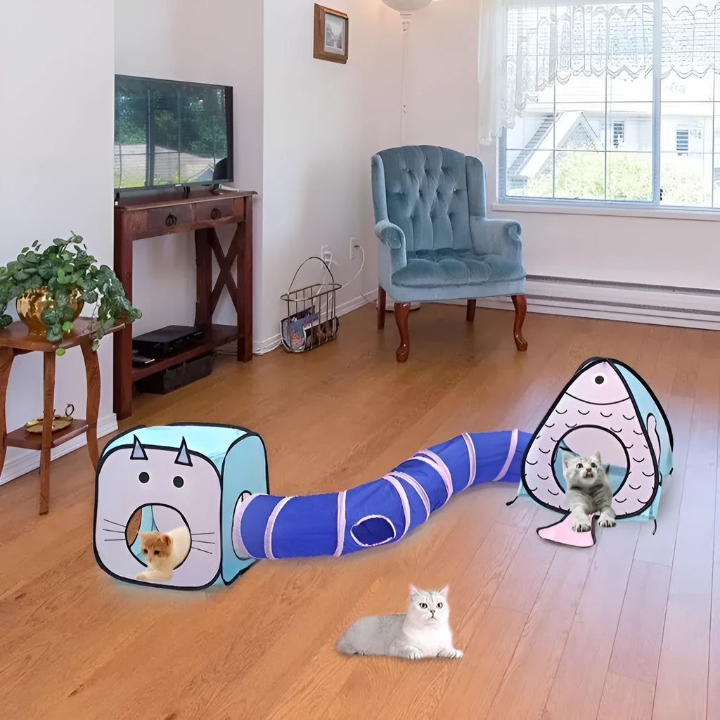 Foldable pet tent and tunnel set with cat and fish design for indoor pet play