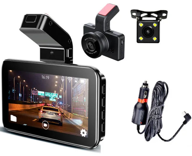 3-inch HD car DVR dashboard camera with double lens for front and rear recording, showing screen and button controls