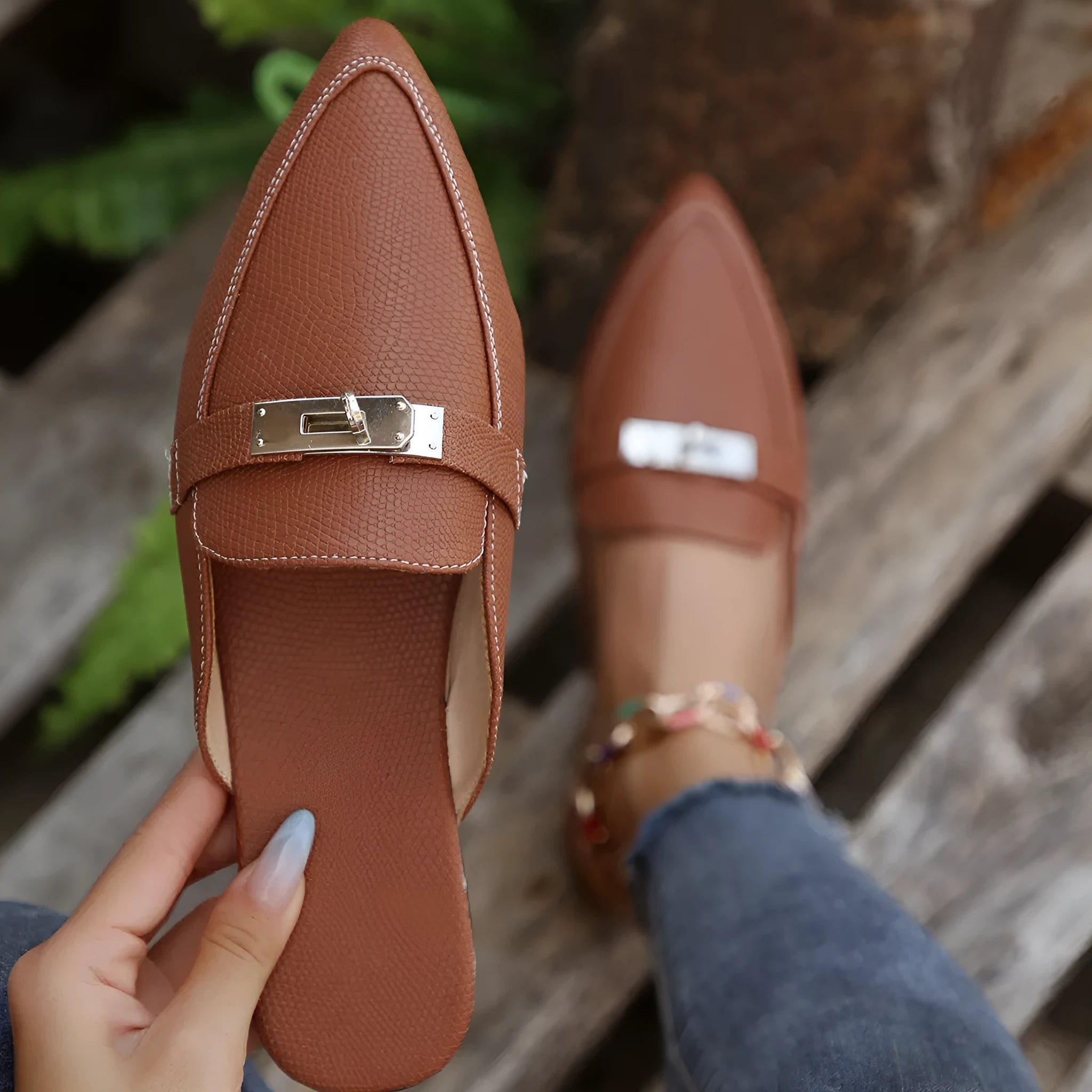 Women's light brown pointed toe semi-slippers with low heel and rubber sole