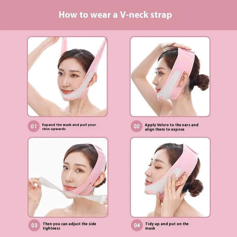 Pink and black elastic V-shaped face bandage for facial contouring with packaging options