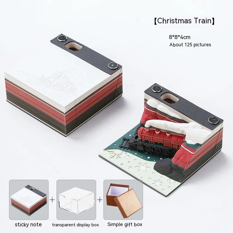 3D sticky note pad with Christmas Train cover and intricate Qingshui Temple paper carving design.