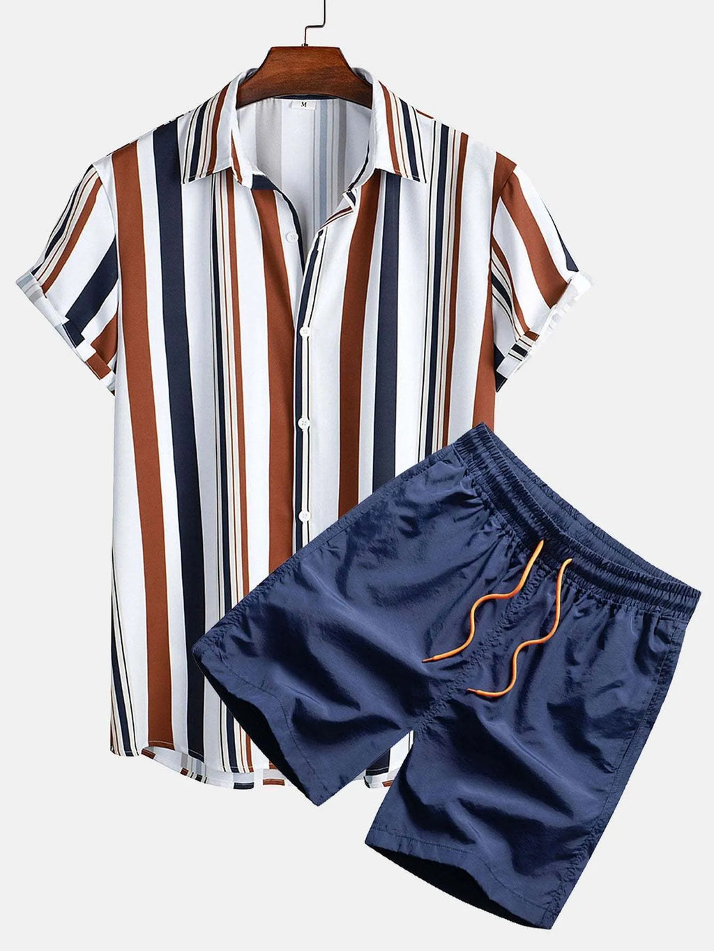 Men's digital print cardigan suit set with short sleeve shirt and elastic shorts in multiple colour options