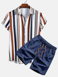 Men's digital print cardigan suit set with short sleeve shirt and elastic shorts in multiple colour options