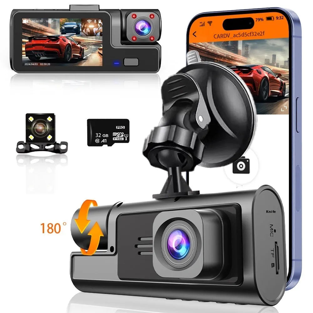 Black WiFi driving recorder with 2-inch screen mounted on a car windscreen.