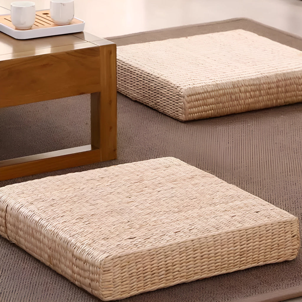 Japanese-style rattan futon sofa cushion in natural rush with hard rubber-plastic core, square 40cm 45cm 50cm sizes