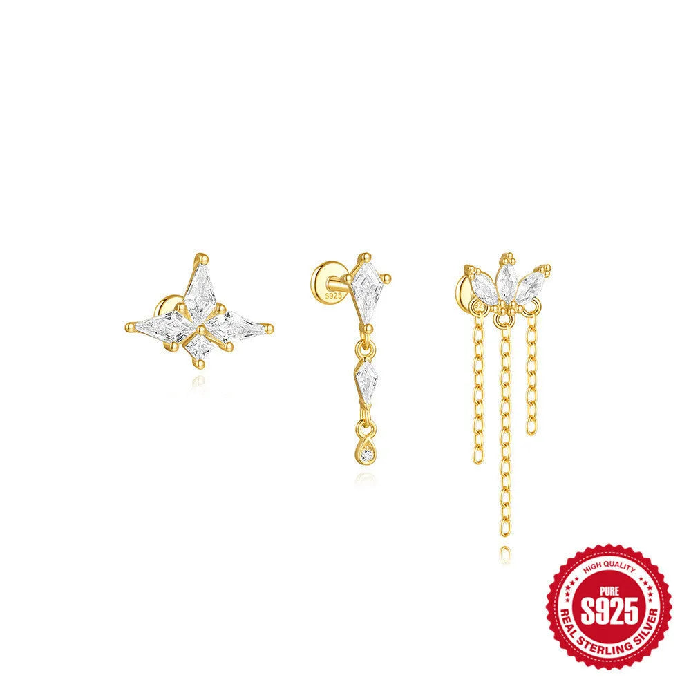 S925 sterling silver geometric kite-shaped earrings with rhinestones and a gold chain tassel.