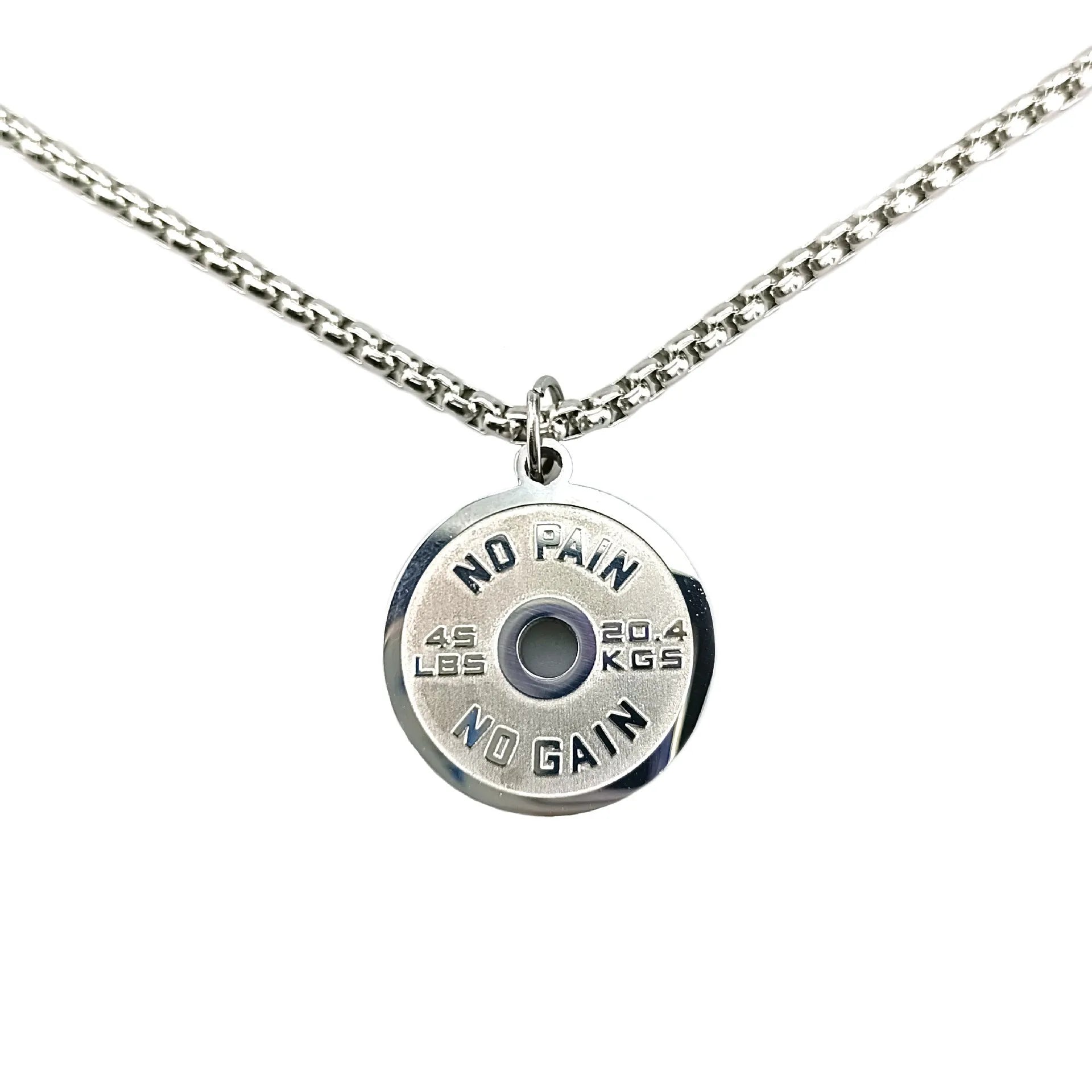 Stainless steel barbell disk necklace with geometric pendant and 60cm chain options