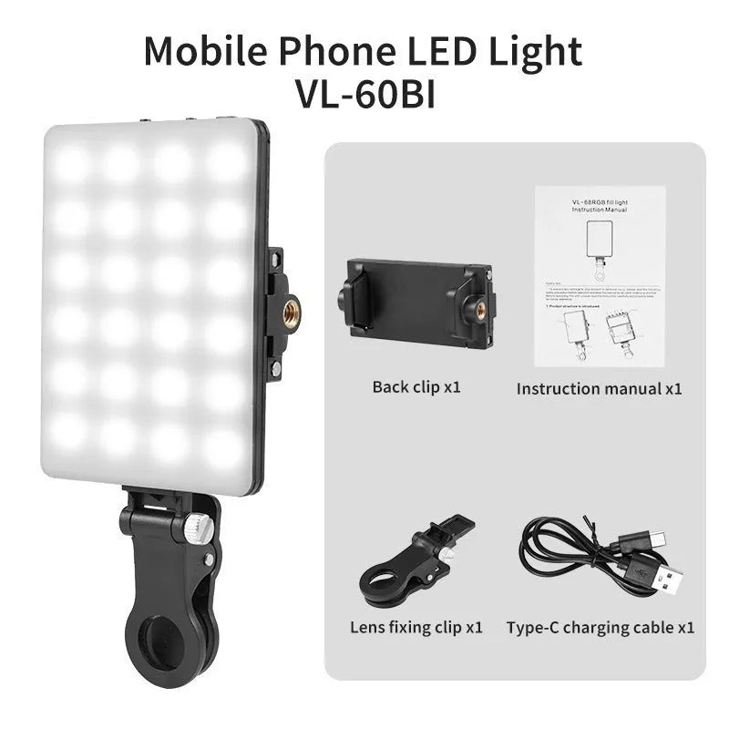 Handheld portable LED fill light with tricolour and RGB clip-on heads for live broadcast.