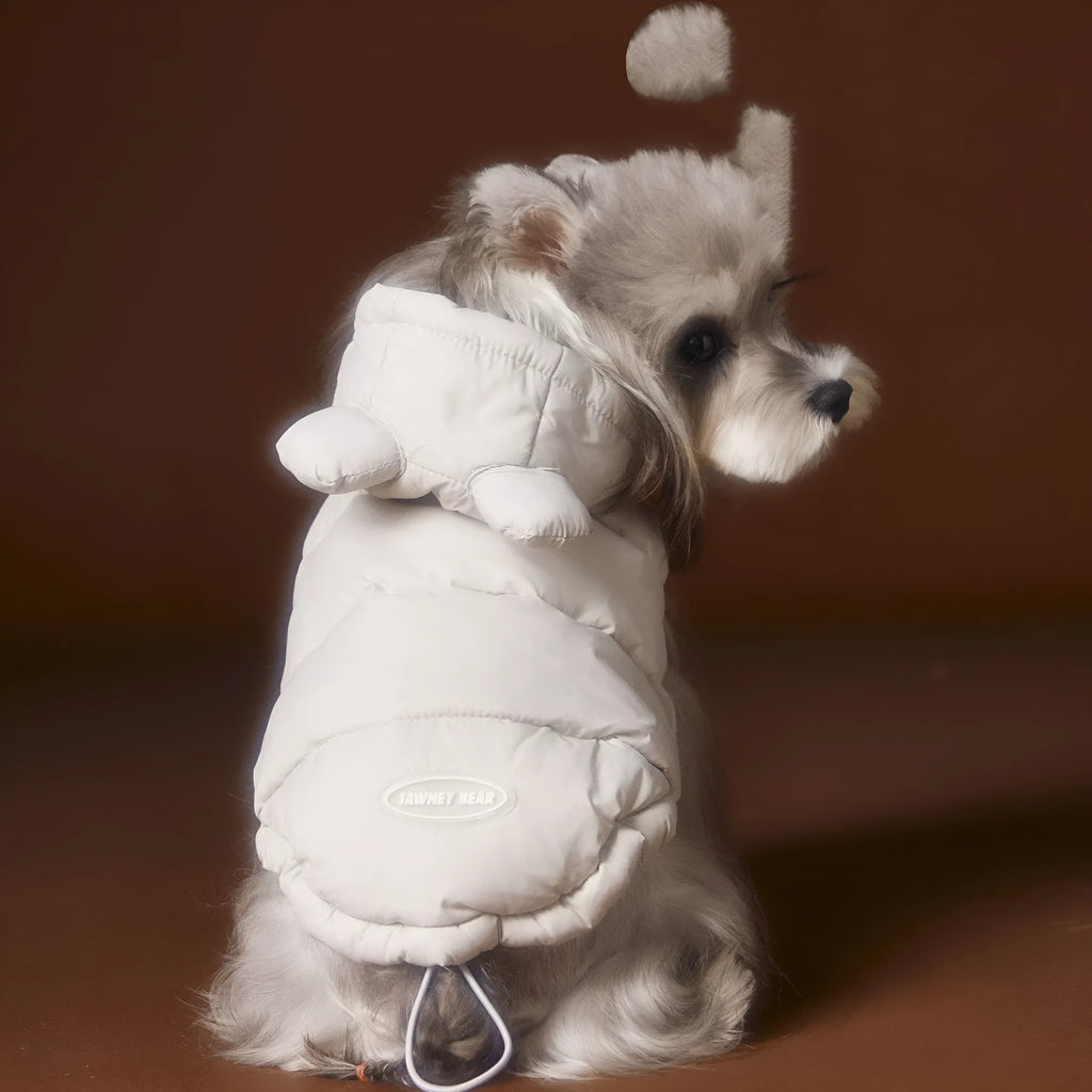 Sleeveless hooded dog down vest in beige or gray, polyester with 90 velvet filling, sizes XS-XXL