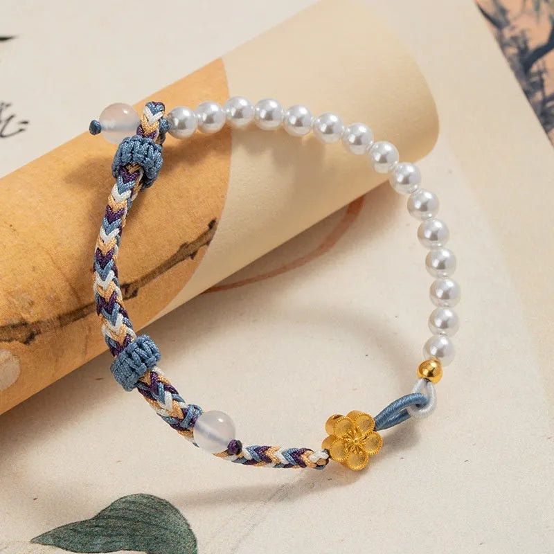 Chinese flower weaving carrying strap with chalcedony stones and sterling silver clasp in peach colour