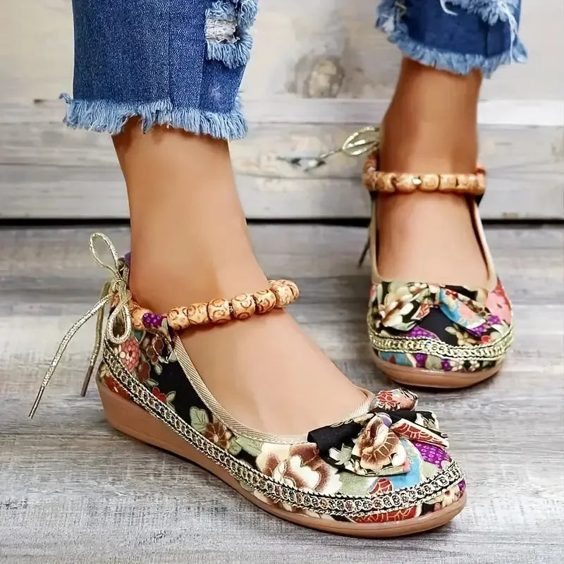 Women's black plus size ethnic platform sandals with cloth upper and elastic strap