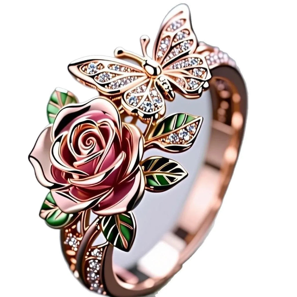 Adjustable fairy style butterfly alloy ring with colourful oil drip finish and floral insect leaf design.