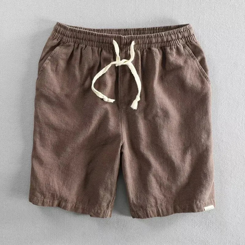 Ramie fabric casual shorts in loose-fitting straight leg style for beach and summer wear