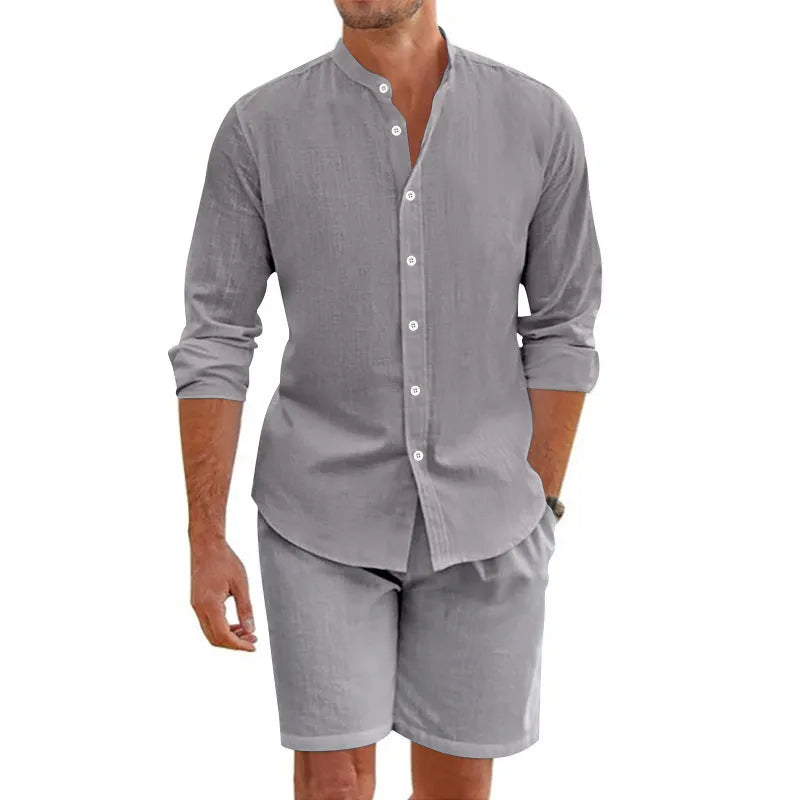 Men's linen summer suit with button-down short sleeve shirt and drawstring shorts in five colour options