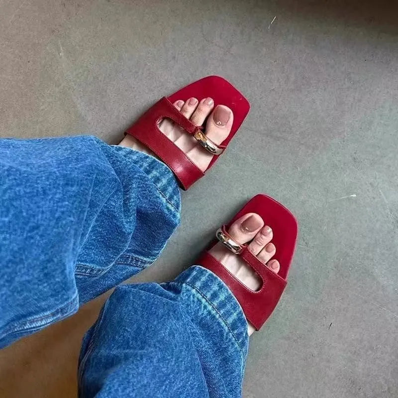 Plus size outdoor slippers with square toe design in red, white, black, and silver colour options on a plain background
