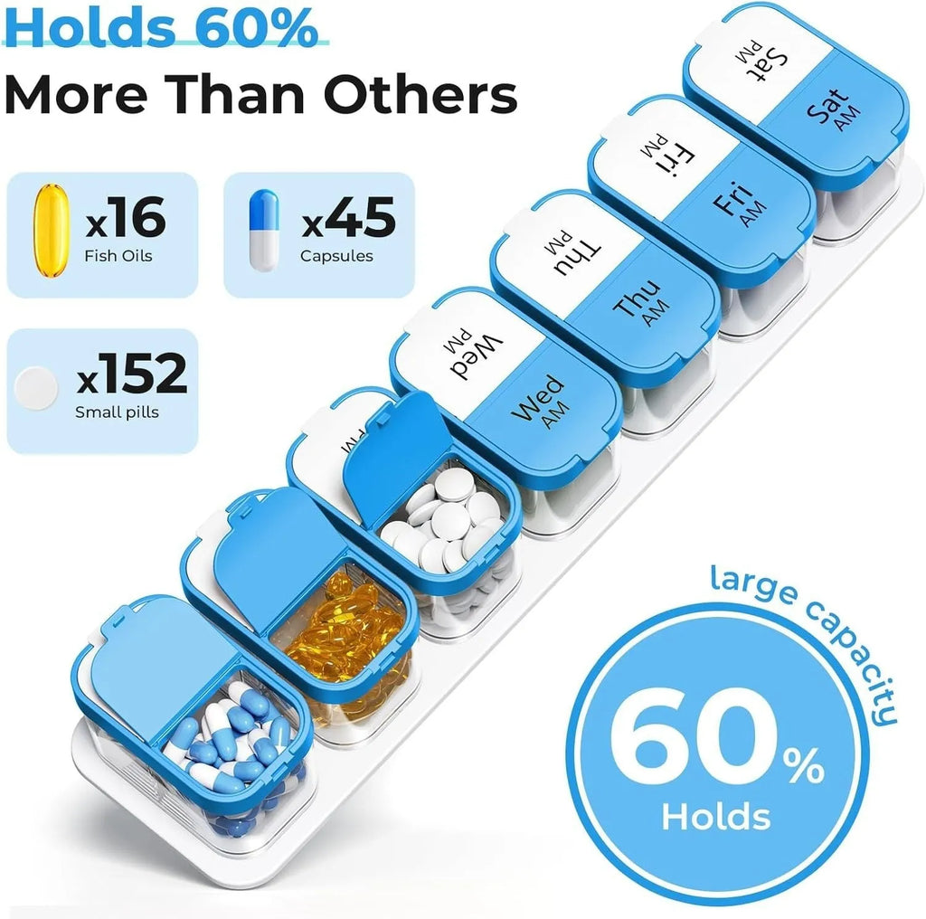 Extra large white plastic pill dispenser with 14 removable rainbow-coloured grid compartments open on a table.
