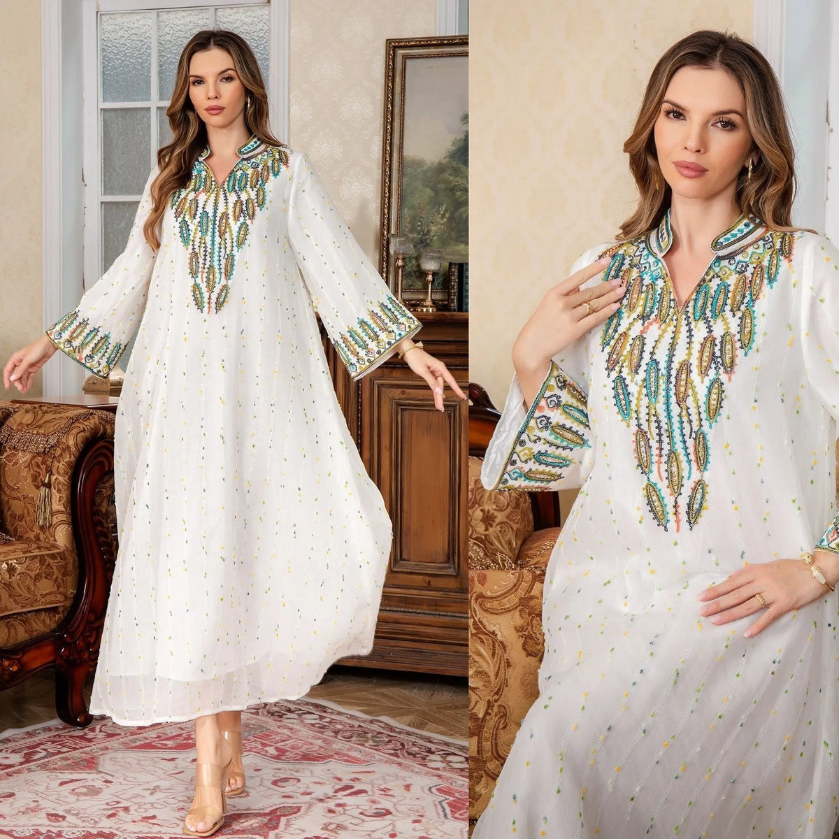 White Dubai-style Arabic robe with long sleeves and skirt in polyester fabric