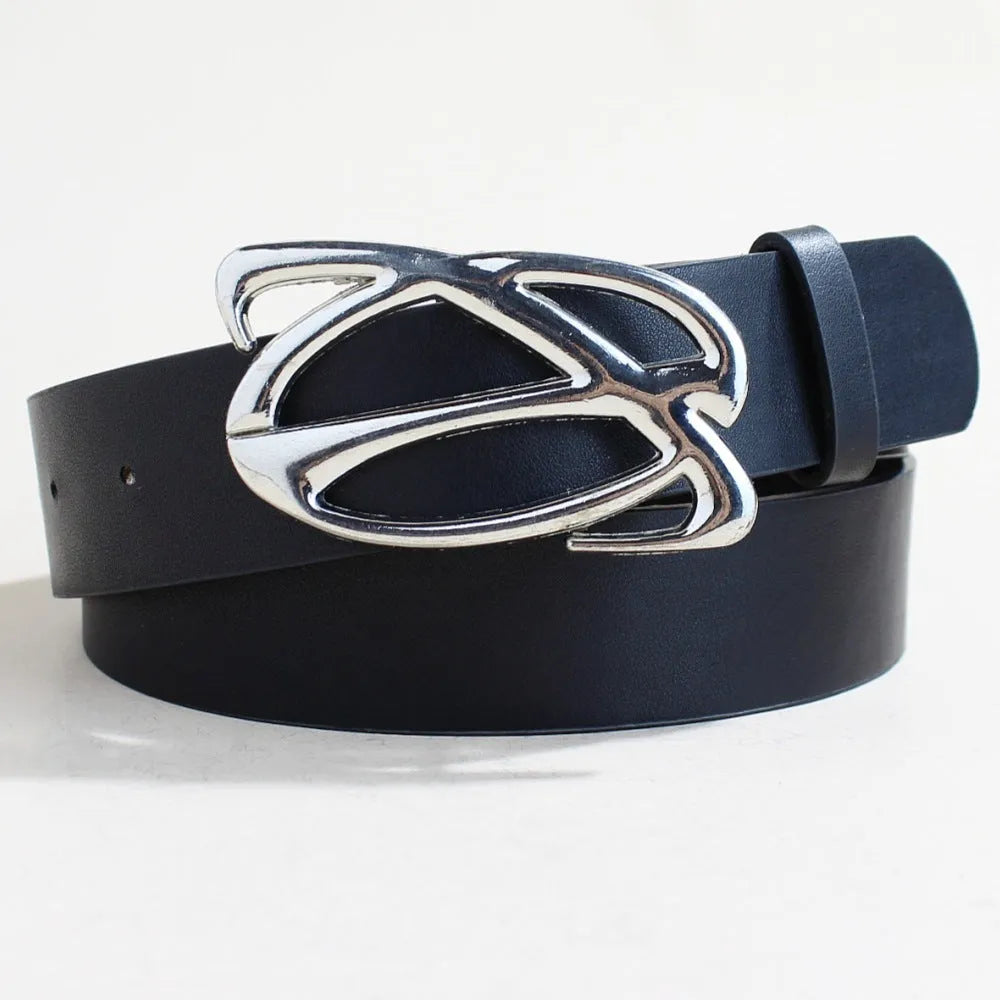 Men's silver buckle casual belt with PU leather strap and snap button closure