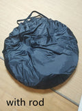 Black pop-up car tailgate tent unfolded to 200cm, showing quick-throw design and optional steel support rods.