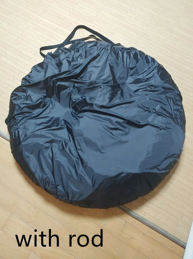 Black pop-up car tailgate tent unfolded to 200cm, showing quick-throw design and optional steel support rods.