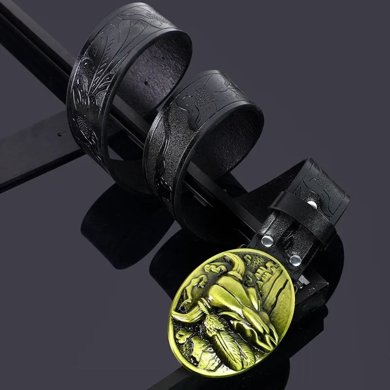 Men's black imitation leather belt with a detailed metal cow head buckle and pin closure.