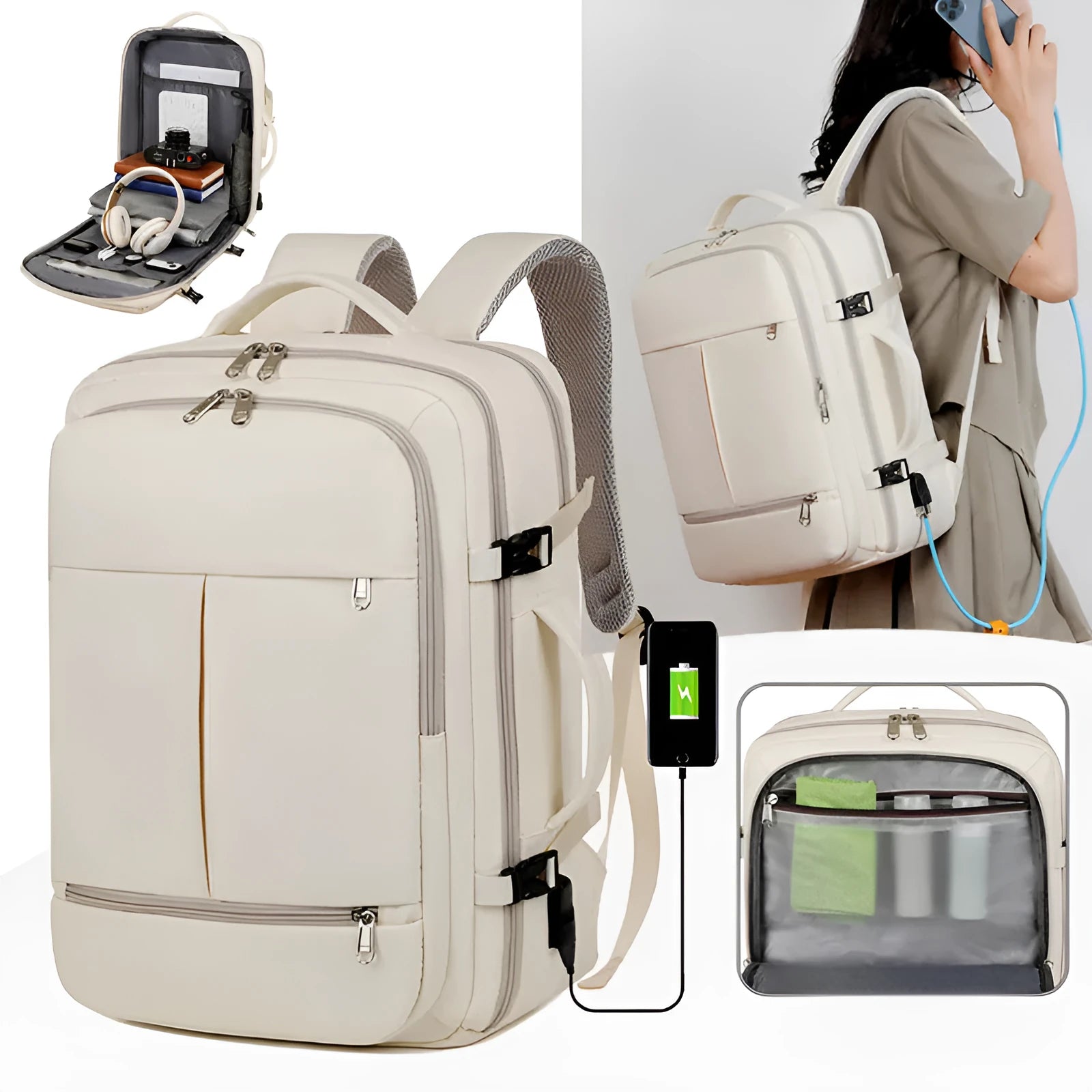 Waterproof oxford cloth backpack for a 15.6 inch laptop, shown in grey colour with multiple zippered pockets.