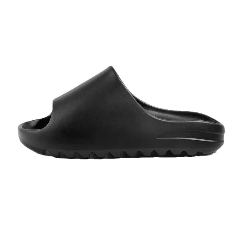 Women's thick-soled EVA beach slippers in black, green, or brown, showing injection moulded construction.