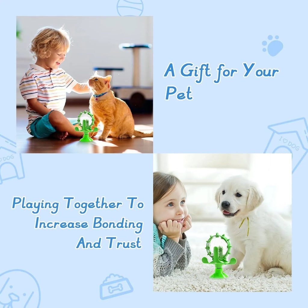 Blue interactive pet puzzle toy with spinner and suction cup base for cats and small dogs