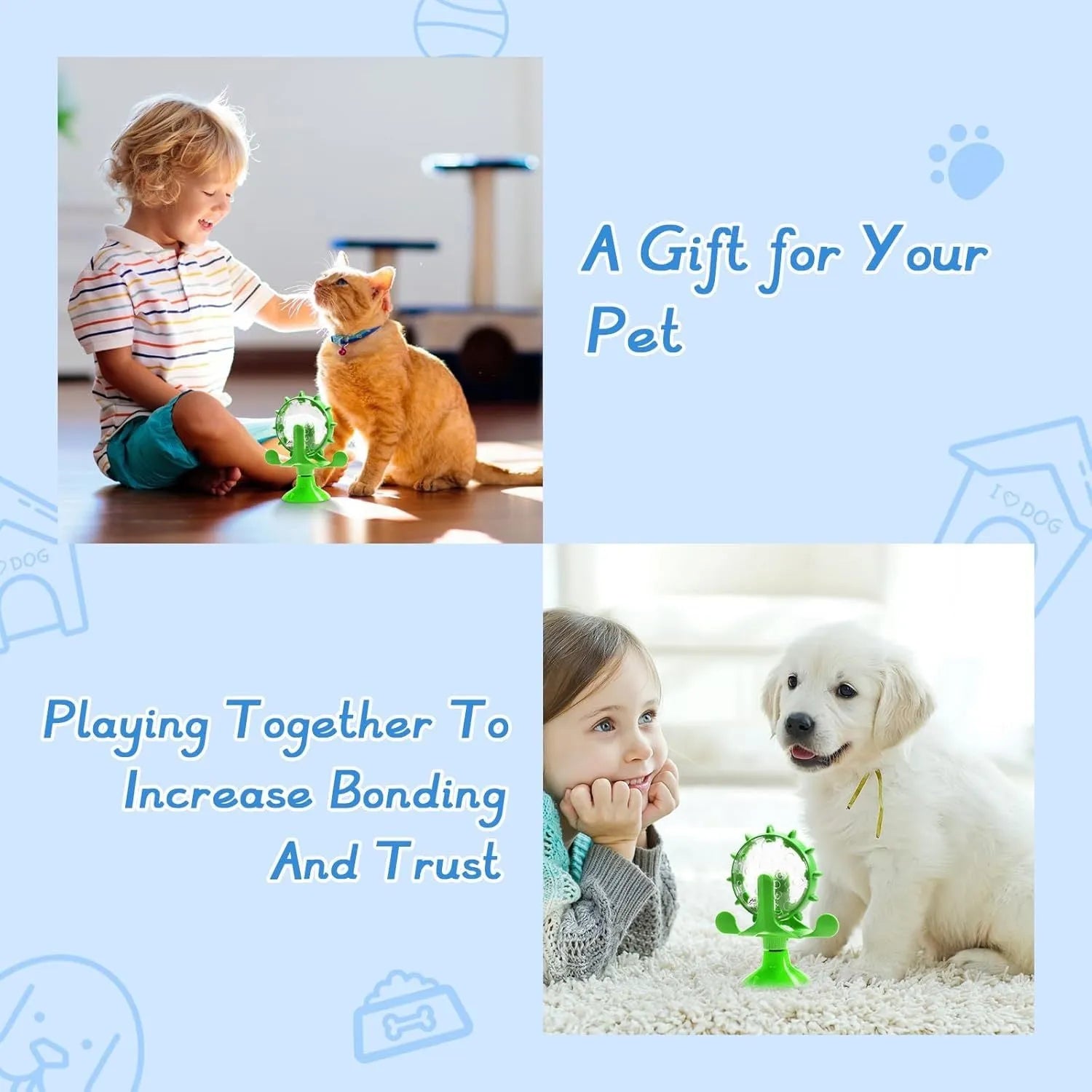 Blue interactive pet puzzle toy with spinner and suction cup base for cats and small dogs