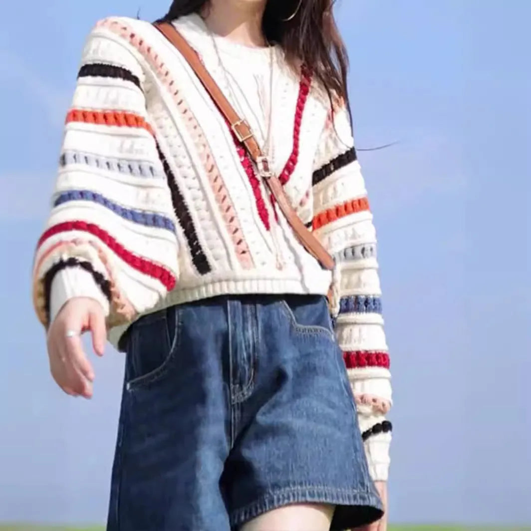 Rainbow striped hollow knit pullover sweater with batwing sleeves in loose casual style