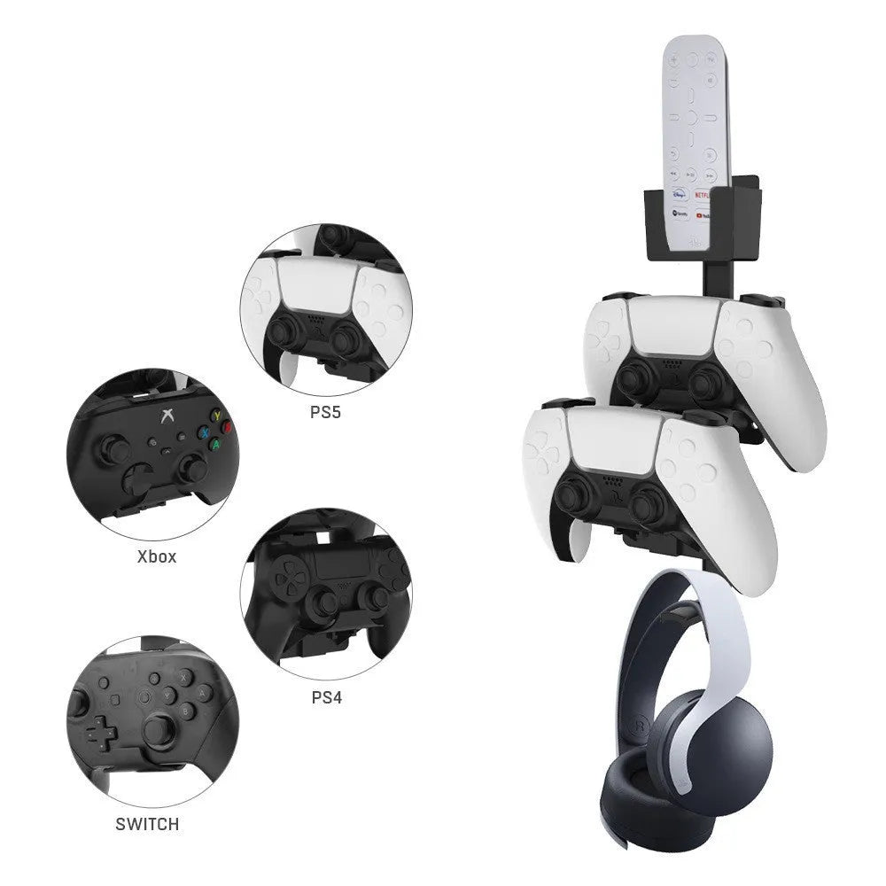 White ABS plastic wall hook holding a PS5 controller and headphones