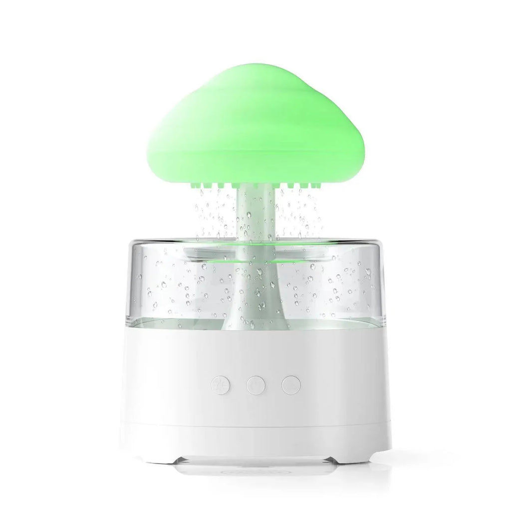 White mushroom cloud resin aroma diffuser and USB humidifier with colourful light on a desktop