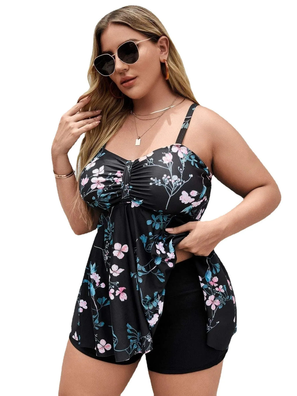 Women's split colour floral print one-piece swimsuit in polyester fabric with high elasticity
