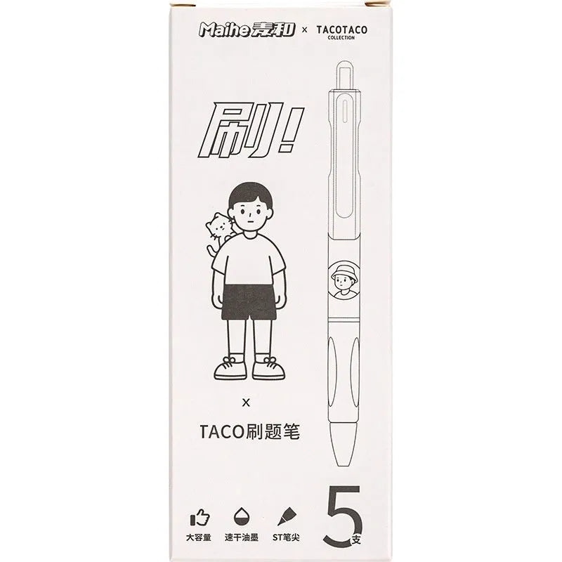 Five white Taco ballpoint pens with black 0.5mm tips arranged together