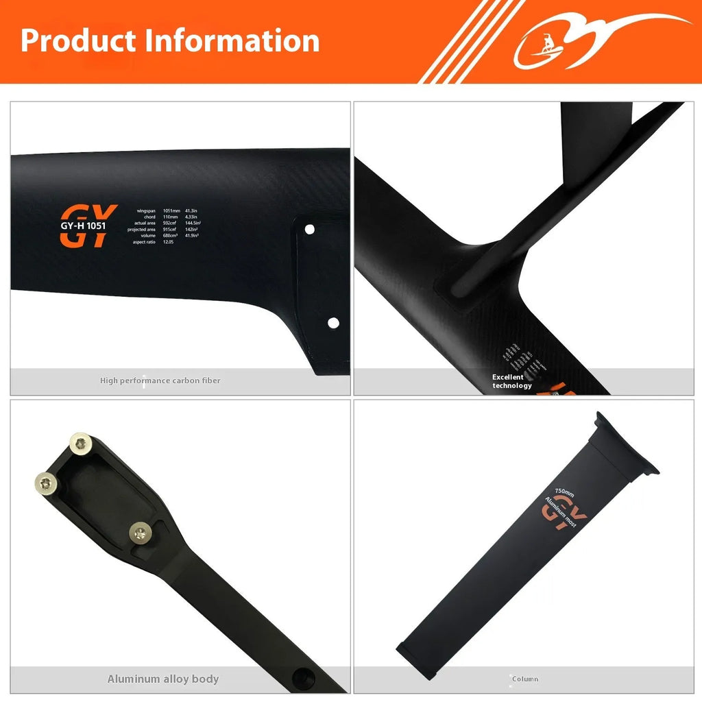 Black carbon fibre hydrofoil surfboard with large aluminium alloy front wing